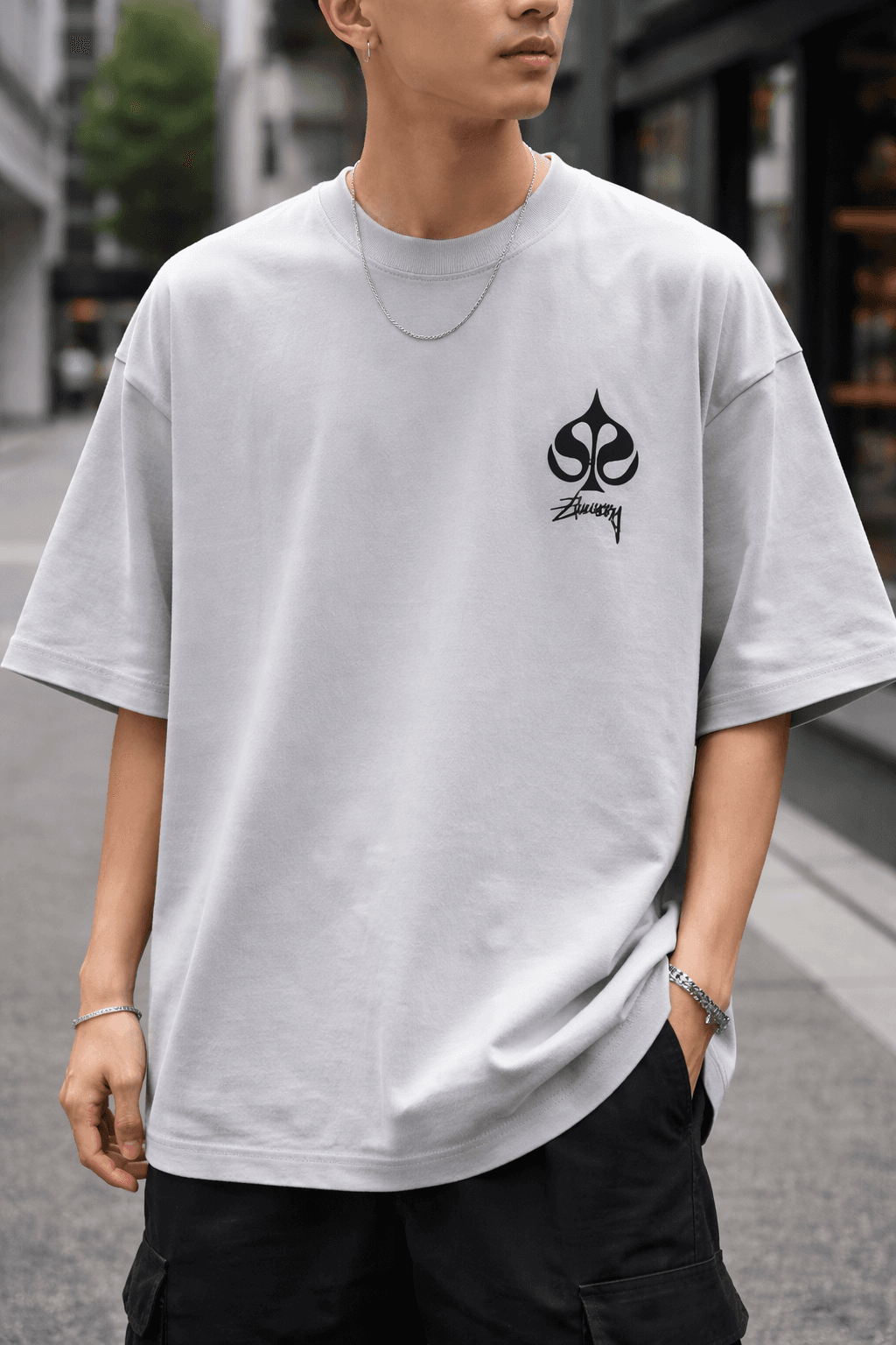 Light Grey Spade Logo Streetwear T-Shirt