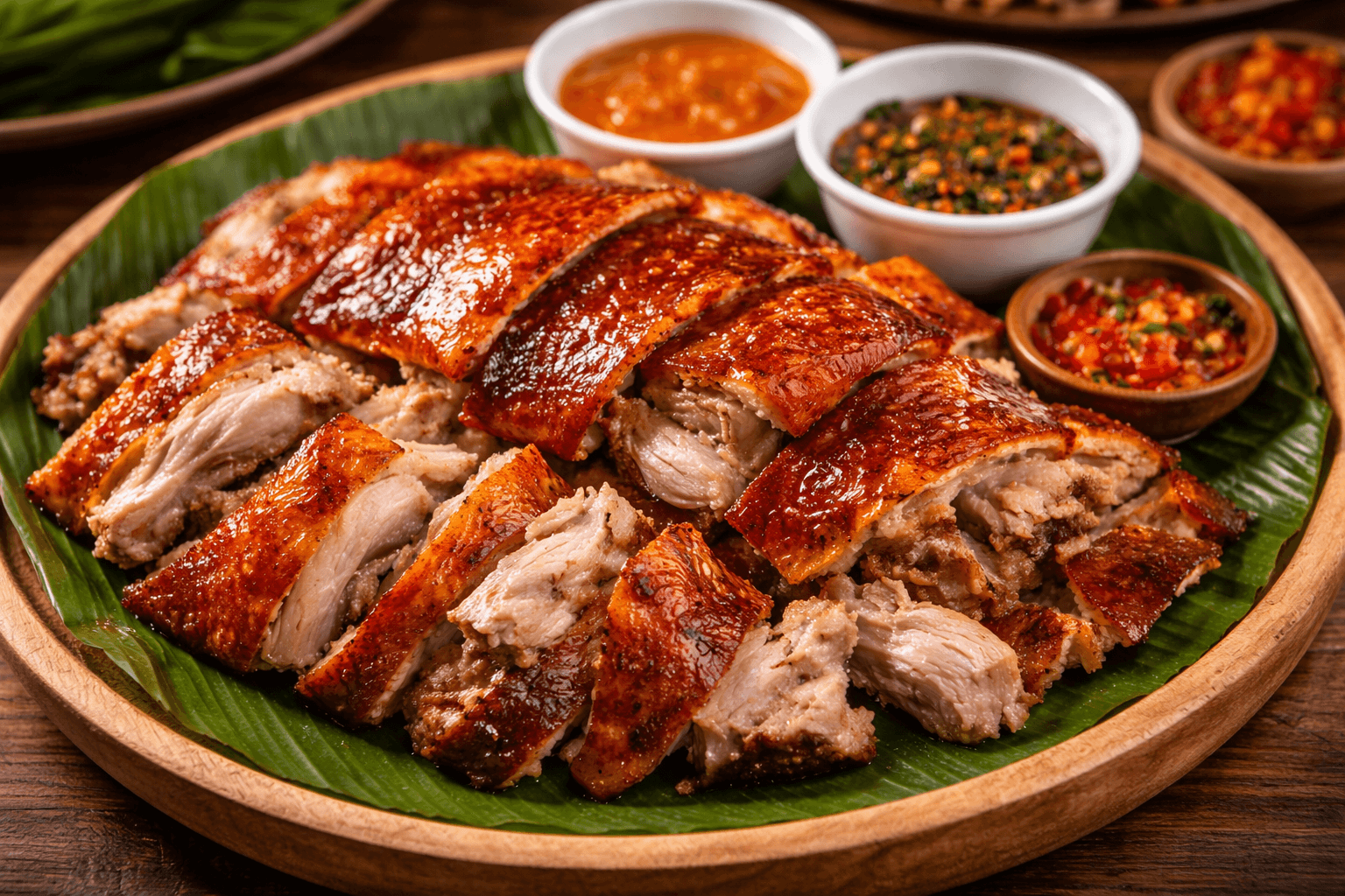 Crispy Cebu lechon sliced and served on a banana leaf-lined platter