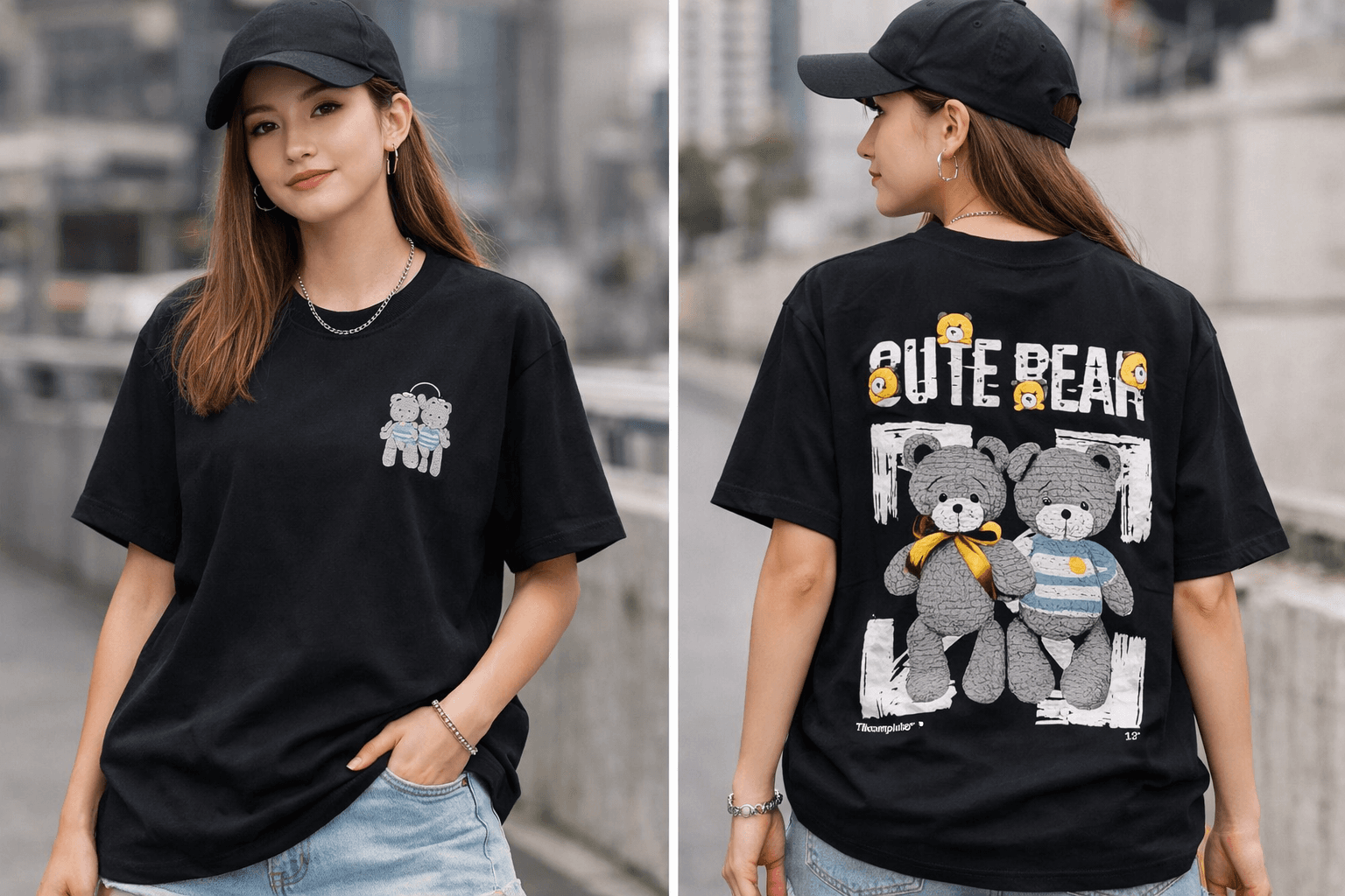 Cute Black Bear Graphic Oversized Tee